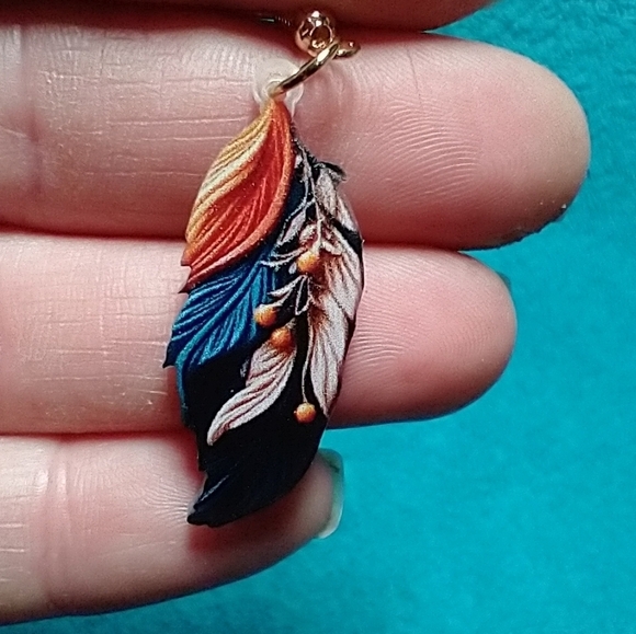 Wire dangle earrings feather art colorful multicolor blue orange white - Picture 1 of 3